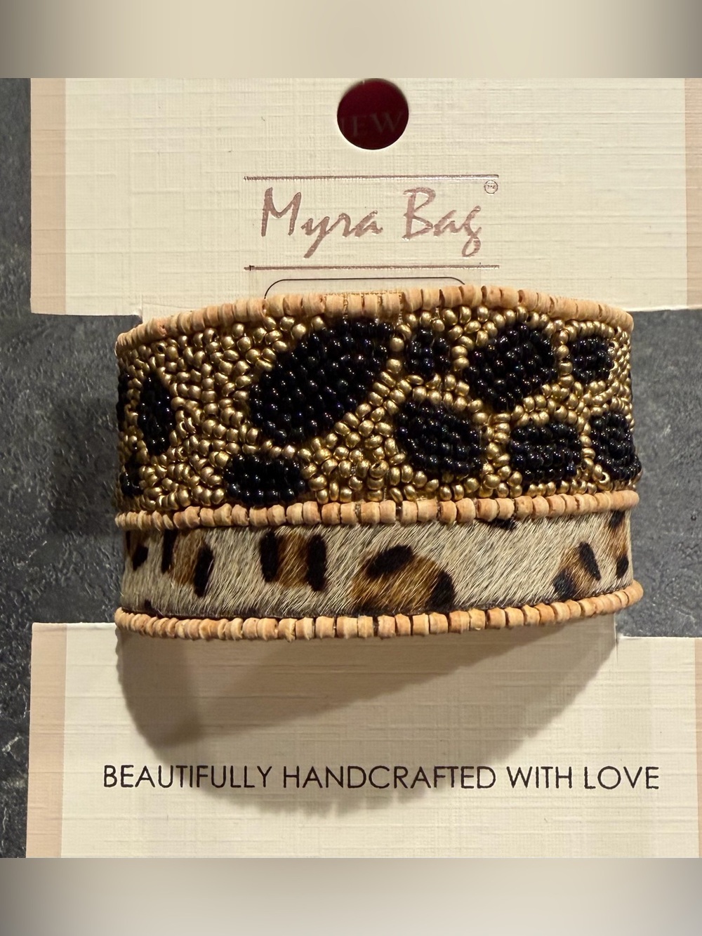 Myra Bag Leopard Beaded Cuff Bracelet in Gold and Black Beaded New